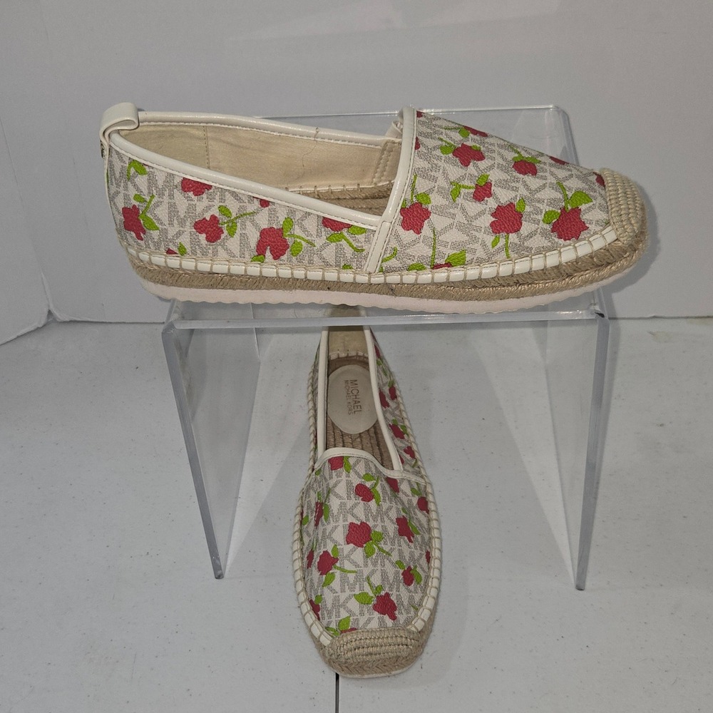 Michael Kors Kendrick Espadrille Flats White MK Logo Floral Womens 6.5 Slip On